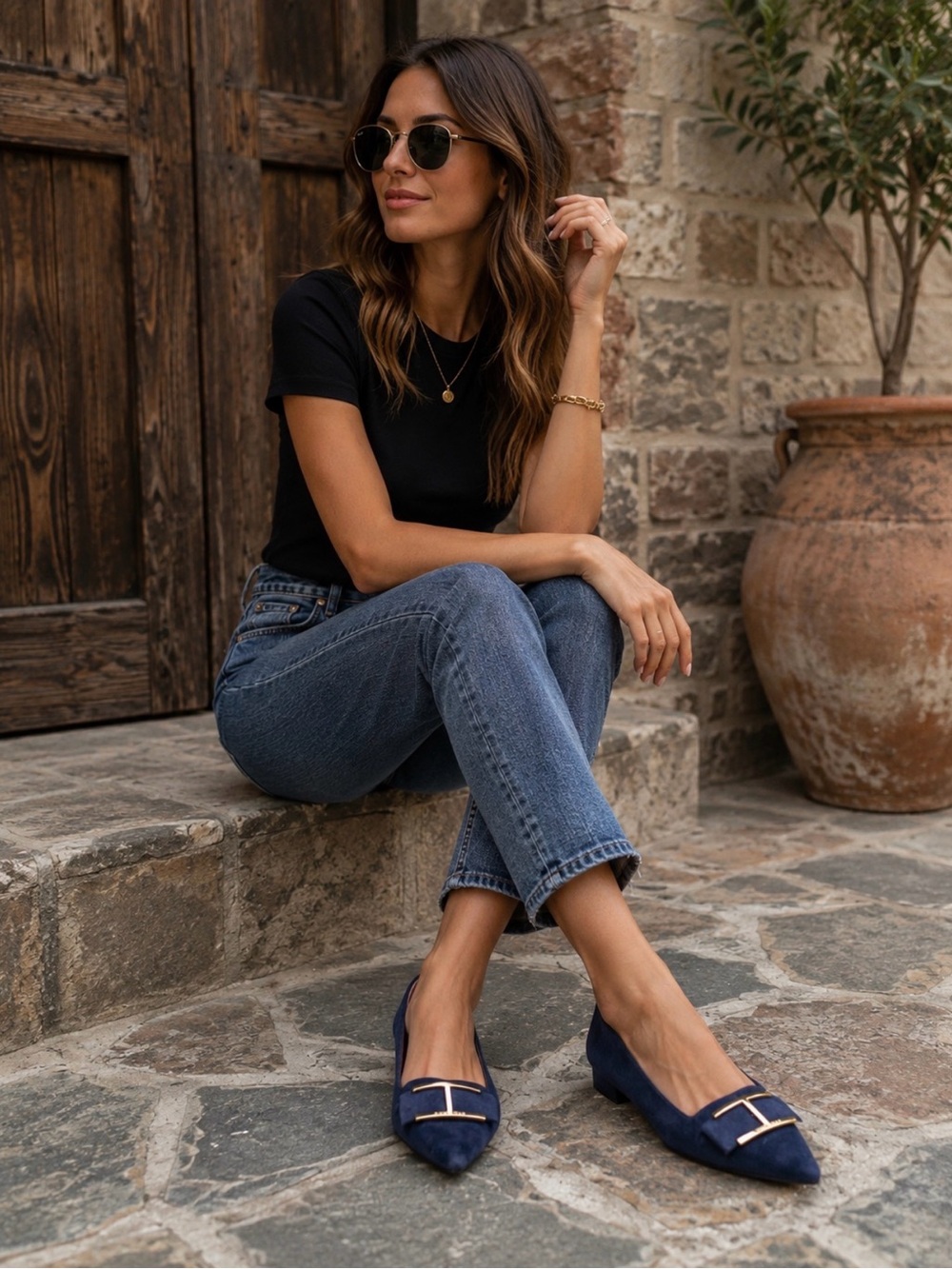 Tommy Hilfiger navy suede flats with gold details size 8.5